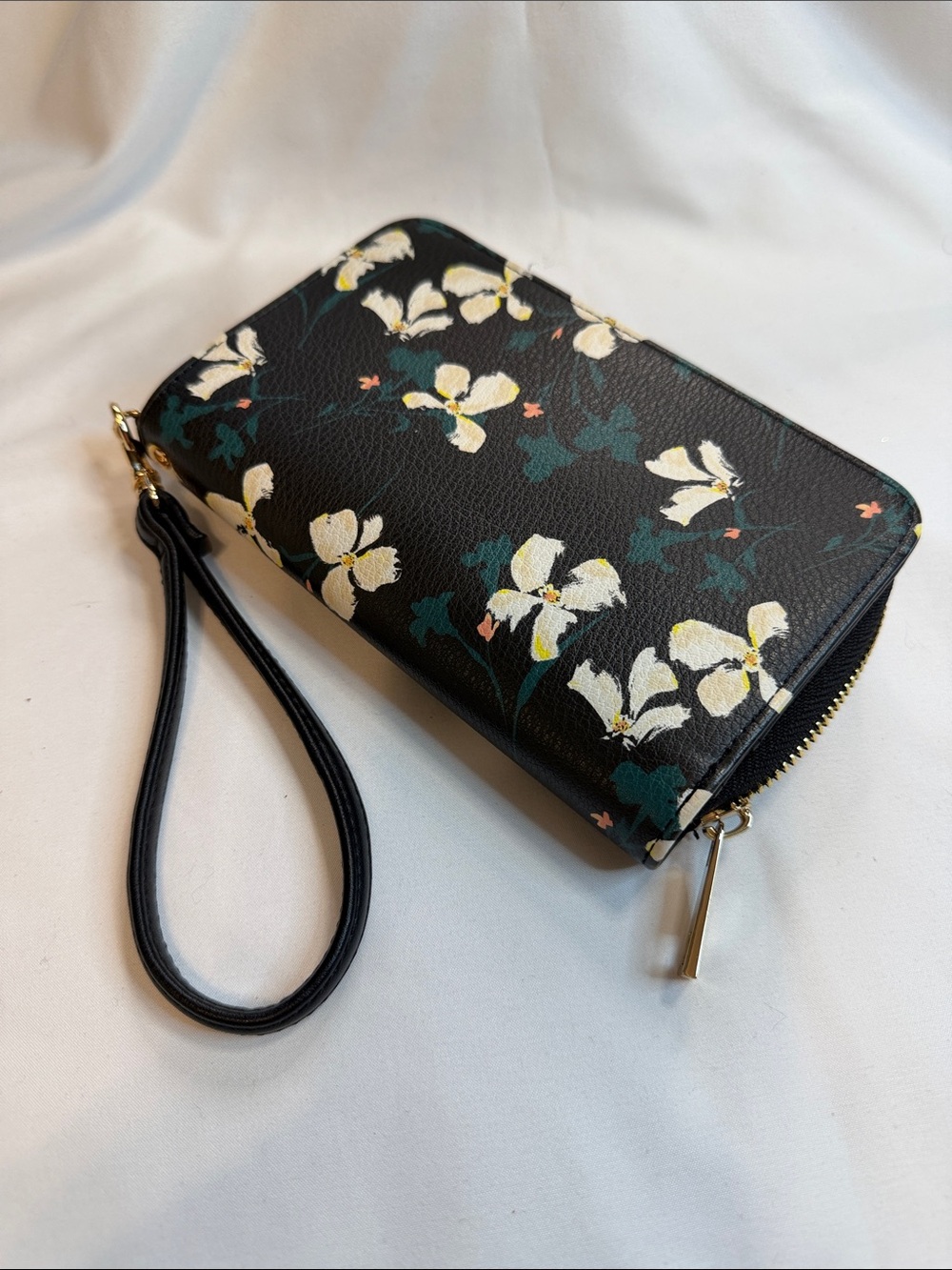 a new day Black Floral Zip Wristlet with Cream Flowers